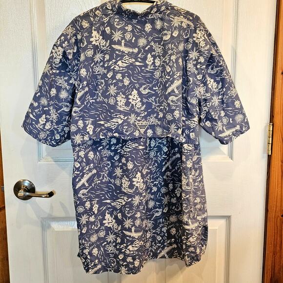 Columbia PFG Short Sleeve Fishing Shirt Vented Mesh Blue White Mens M - Picture 2 of 9